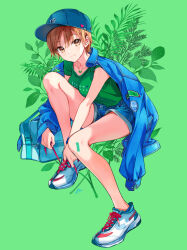 1girl bandaid bandaid_on_leg blue_jacket brown_hair highres jacket jewelry necklace shoelaces short_hair shorts solo tiv