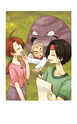 1girl 2boys :d ahoge black_hair border brown_hair closed_eyes coat collarbone commentary_request creatures_(company) delia_ketchum eiki_(yumekapu) game_freak gen_1_pokemon grass green_shirt hair_ornament hair_scrunchie headband holding jacket long_hair muk multiple_boys nintendo open_mouth outdoors pink_jacket pokemon pokemon_(anime) pokemon_(classic_anime) pokemon_(creature) ponytail purple_skirt red_headband red_shirt samuel_oak scrunchie shirt short_hair short_sleeves skirt smile sweatdrop tracey_sketchit white_border white_coat yellow_shirt