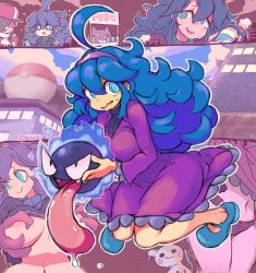 1girl @_@ ahoge alternate_breast_size alternate_color averting_eyes baseball_cap black_eyes blue_dress blue_eyes blue_footwear blue_hair blue_sky blush bottle bow bow_panties bra bra_lift breasts breasts_apart brown_hair clothes_lift cloud colored_sclera creatures_(company) day disembodied_hand dress dress_lift drink faceless faceless_male fangs fingerless_gloves frilled_dress frills game_freak gastly gen_1_pokemon gen_7_pokemon gengar ghost gloves grabbing_another&#039;s_breast grin groping hairband half-closed_eyes hand_up hands_up happy hat haunter hex_maniac_(pokemon) highres holding holding_pokemon large_areolae large_breasts light_blush long_hair long_tongue looking_at_another looking_to_the_side mary_janes messy_hair milk mimikyu multiple_views navel nintendo nipples nose_blush npc_trainer open_mouth outdoors outline panties pointing pointing_up poke_ball_theme pokemon pokemon_(creature) pokemon_center pokemon_rgby pokemon_xy purple_bra purple_dress purple_hair purple_hairband purple_panties red_(pokemon) red_gloves red_headwear red_sclera saliva shiny_pokemon shoes short_hair sidelocks sign sitting skindentation sky slit_pupils smile star_(symbol) starmilk stomach sweat teeth tongue tongue_out turtleneck turtleneck_dress underwear wariza wavy_hair wavy_mouth white_outline wide_hips