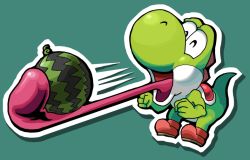 bad_id bad_pixiv_id creature food fruit happy holding holding_food holding_fruit holding_watermelon mario_(series) melon nintendo no_humans senba solo tongue watermelon yoshi