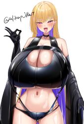 1girl absurdres amemiya_arikapu black_choker blonde_hair breasts character_request choker copyright_request earrings highres huge_breasts jewelry long_hair multicolored_hair navel open_mouth pink_eyes purple_hair solo tongue tongue_out two-tone_hair very_long_hair white_background