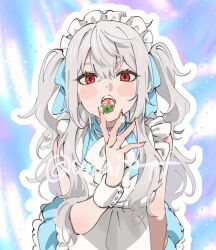 1girl abstract_background alternate_costume apron blue_dress dress enmaided fingernails food food_in_mouth fruit genderswap genderswap_(mtf) grey_hair hair_between_eyes hair_ribbon kuzuha_(nijisanji) long_fingernails long_hair looking_at_viewer maid maid_apron maid_headdress mole mole_under_eye nail_polish nijisanji outline red_eyes red_nails ribbon sanya_(kuzuha) sleeveless sleeveless_dress slit_pupils solo strawberry two_side_up umapote unconventional_maid upper_body virtual_youtuber whipped_cream white_outline wrist_cuffs