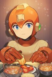 1boy blue_eyes blush bodysuit bowl chicken_(food) closed_mouth eating food food_request fried_chicken gloves helmet highres looking_at_viewer male_focus mega_man_(character) mega_man_(classic) mega_man_(series) orange_gloves orange_helmet solo soup star_(symbol) upper_body yasaikakiage yellow_bodysuit