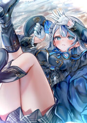 1girl amagai_ruka beach black_boots black_dress blue_eyes blue_jacket blue_ribbon blush boots breasts commentary_request day dress earrings foot_out_of_frame gloves grey_hair half_crown_braid hand_up hat highres jacket jewelry large_breasts legs_up lens_flare long_hair long_sleeves looking_at_viewer lying multicolored_hair neck_ribbon on_back outdoors parted_lips plaid_clothes plaid_dress rachip ribbon shading_eyes shore smile solo streaked_hair unworn_hat unworn_headwear virtual_youtuber weather_planet white_gloves