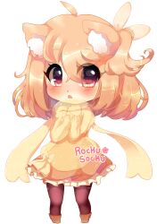 1girl absurdres ahoge animal_ear_fluff animal_ears artist_name black_pantyhose blonde_hair blush boots bow bow_legwear brown_boots chibi commentary commission dot_nose dress dress_bow english_commentary eyes_visible_through_hair footwear_bow frilled_dress frills hair_between_eyes hair_bow hands_on_own_chest heart heart_in_eye highres layered_dress long_sleeves looking_at_viewer medium_hair one_side_up open_mouth orange_bow orange_dress original pantyhose photoshop_(medium) pink_eyes pleated_dress polka_dot polka_dot_bow polka_dot_dress puffy_long_sleeves puffy_sleeves ribbon-trimmed_dress ribbon_trim rockusocku scarf see-through_clothes see-through_dress sleeves_past_fingers sleeves_past_wrists solo sparkle standing surprised symbol_in_eye tareme transparent_background turtleneck turtleneck_dress white_bow wolf_ears yellow_bow yellow_dress yellow_scarf