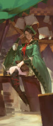 1girl black_footwear book brown_eyes brown_hair earrings glasses green_headwear hand_up hat_feather highres inkwell jewelry lin_chang monster_hunter_(series) quill sitting wide_sleeves