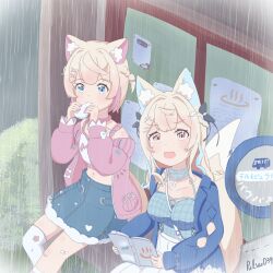2girls :d =_hair_ornament absurdres bandaid bandaid_on_knee bandaid_on_leg blush book bus_stop bus_stop_sign bush checkered_clothes collar denim denim_skirt eating facing_viewer fang from_above fuwawa_abyssgard grass hair_ornament hair_ribbon highres holding holding_book hololive hololive_english jacket long_hair looking_at_viewer midriff mococo_abyssgard multicolored_hair multiple_girls neck_garter open_book open_clothes open_jacket open_mouth outdoors over-kneehighs paper perroccino_(fuwamoco) pig_tail pulsar_d39 rain ribbon short_hair shoulder_strap sign signature single_over-kneehigh single_thighhigh sitting skin_fang skirt smile streaked_hair tail thighhighs x_hair_ornament