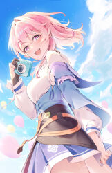 1girl :d absurdres acorn archery_shooting_glove badge balloon black_corset black_gloves blue_eyes blue_jacket blue_skirt blue_sky blush button_badge camera cloud cloudy_sky commentary corset earrings flower_ornament from_below gloves hair_between_eyes hand_up highres holding holding_camera honkai:_star_rail honkai_(series) jacket jewelry long_sleeves looking_at_viewer march_7th_(honkai:_star_rail) march_7th_(preservation)_(honkai:_star_rail) medium_hair miniskirt miyato_miya multicolored_eyes open_mouth partially_fingerless_gloves pink_eyes pink_hair pleated_skirt shirt single_earring single_glove skirt sky smile solo teeth two-tone_eyes upper_teeth_only white_shirt
