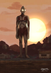 1boy alien beach building cloud coast day forest giant glowing glowing_eyes harumakoto47 highres hill kaijin nature no_humans no_pupils orange_sky seijin shin_ultraman sky sun superhero_costume tree tsuburaya_productions twilight ultra_series ultraman variant_set water waves yellow_eyes