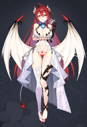 Rule 34 | 1girl, absurdres, ahoge, alternate costume, alternate form, arm under breasts, asymmetrical legwear, blue fire, blue hair, blush, breasts, center opening, cleavage, colored inner hair, commentary, demon girl, demon horns, demon tail, demon wings, detached sleeves, elizabeth rose bloodflame, feet, fingerless gloves, fire, fire on chest, full body, gloves, gluteal fold, hair between eyes, hair ornament, halterneck, hand up, highres, hololive, hololive english, horns, huge ahoge, large breasts, long hair, looking at viewer, low wings, migokami, mismatched legwear, multicolored hair, navel, no panties, pubic tattoo, red eyes, red hair, red nails, revealing clothes, single detached sleeve, single fingerless glove, smile, solo, tail, tattoo, thorns, toenails, toes, virtual youtuber, wings