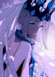 1girl back_cutout black_dress black_veil blue_eyes blue_lips braid breasts capelet closed_mouth clothing_cutout cloud cloudy_sky crown dress fate/grand_order fate_(series) hair_between_eyes half_up_braid highres lake large_breasts long_hair looking_at_viewer looking_back morgan_le_fay_(fate) morgan_le_fay_(queen_of_winter)_(fate) multicolored_capelet outdoors ponytail ripples rullep sky solo standing stole two-tone_dress upper_body veil veil_lift very_long_hair white_hair