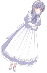 Rule 34 | 1girl, alicia (aris lily0418), alternate hairstyle, apron, assault lily, back bow, blue background, blue ribbon, blush, bow, braid, closed mouth, collared dress, crossed arms, dress, dutch angle, frilled apron, frilled dress, frills, full body, grey dress, grey hair, grey shoes, hair bow, highres, juliet sleeves, kuroki francisca yuria, long dress, long sleeves, looking at viewer, low twin braids, maid, maid headdress, medium hair, neck ribbon, puffy sleeves, red eyes, ribbon, shoes, side braids, simple background, solo, standing, strappy heels, twin braids, white apron, white background, white bow