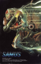 1girl arm_cannon blonde_hair brain english_text highres josh_ketchen kraid metroid metroid_(creature) metroid_larva monster mother_brain movie_poster nintendo planet ponytail realistic ridley samus&#039;s_gunship samus_aran super_metroid varia_suit weapon