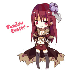 1girl blush breasts brown_coat brown_gloves brown_skirt character_name chibi chibi_only cleavage closed_mouth coat commentary_request cross-laced_clothes cross-laced_gloves crown elbow_gloves fingerless_gloves full_body fur-trimmed_coat fur_trim gloves grey_thighhighs lace lace-trimmed_legwear lace_trim long_hair looking_at_viewer medium_breasts miniskirt navel pink_eyes purple_crown ragnarok_online red_hair riku_manoue shadow_chaser_(ragnarok_online) simple_background skirt smile solo thighhighs white_background