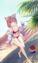 Rule 34 | 1girl, animal ears, babupipi, ball, bare legs, bare shoulders, barefoot, beachball, bikini, bluedok (o-ni), breasts, brown hair, cat ears, cleavage, closed mouth, cup, drinking glass, hammock, highres, holding, holding cup, indie virtual youtuber, long sleeves, looking at viewer, medium breasts, navel, off shoulder, open clothes, open shirt, red bikini, red eyes, shirt, short hair, side-tie bikini bottom, smile, solo, stomach, string bikini, swimsuit, thighs, virtual youtuber, white shirt