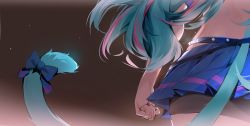 1girl andychen blue_bow blue_hair blue_skirt bow brown_background cat_tail clenched_hand copyright_request dress from_behind highres long_hair miniskirt multicolored_hair pink_hair pleated_skirt revision skirt solo streaked_hair sundress tail tail_bow tail_ornament very_long_hair virtual_youtuber