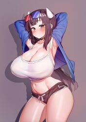1girl absurdres arms_up black-framed_eyewear black_choker black_hair black_shorts blue-tinted_eyewear blue_jacket blush breasts choker cleavage collarbone commentary_request cow_horns dolphin_shorts grey_background heterochromatic_eyewear highres horns howcow_(vtuber) indie_virtual_youtuber jacket long_hair looking_at_viewer navel o-ring o-ring_choker otonashi_(otonashi5959) red-tinted_eyewear semi-circular_eyewear shorts simple_background solo standing sunglasses tank_top thighs tinted_eyewear virtual_youtuber white_tank_top