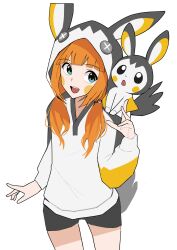 1girl absurdres animal_hood aqua_eyes black_shorts ch2haya_p commentary cowboy_shot emolga gen_5_pokemon hand_up highres hood hood_up hoodie idolmaster idolmaster_(classic) long_hair long_sleeves low_twintails nintendo on_shoulder open_mouth orange_hair pokemon pokemon_(creature) pokemon_on_shoulder shorts simple_background smile solo standing symbol-only_commentary takatsuki_yayoi teeth twintails upper_teeth_only white_background white_hoodie