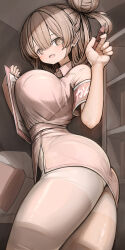 Rule 34 | 1girl, ass, blush, breast press, breasts, brown eyes, brown hair, clipboard, commentary request, dress, genek, hair between eyes, hair bun, highres, holding, holding clipboard, holding pen, indoors, large breasts, long hair, looking at viewer, nurse, open mouth, original, pen, pink dress, short sleeves, smile, solo, standing