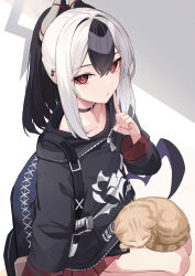 1girl absurdres animal animal_on_lap backpack bag black_choker black_hair black_hoodie blue_archive blue_bag brown_cat cat cat_on_lap choker commentary_request double-parted_bangs earclip finger_to_mouth gun hair_between_eyes handgun highres holster holstered hood hood_down hoodie horns kayoko_(blue_archive) looking_at_viewer low_wings medium_hair mole mole_on_neck multicolored_hair on_lap pleated_skirt ponytail red_eyes red_skirt seiza shushing sidelocks single_wing sitting skirt takehana_note two-tone_hair weapon white_hair wings
