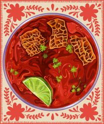 border bowl film_grain floral_print flower food food_focus fruit garnish hatching_(texture) highres lime_(fruit) lime_slice meat no_humans original ornate_border pale_background quezify red_border red_flower red_theme soup still_life vegetable