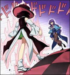 2others androgynous ascot aura bandaged_leg bandages bare_shoulders black_coat black_footwear black_hair black_hat blue_capelet blue_coat book_of_the_cafe brown_pants buttons capelet checkered_floor clause_(len&#039;en) coat coattails collared_capelet collared_shirt commentary debris detached_sleeves english_commentary enraku_tsubakura face-to-face from_behind full_body gradient_background green_hakama hakama hakama_short_skirt hakama_skirt hand_on_own_hip hat japanese_clothes jojo_no_kimyou_na_bouken legs len&#039;en lenk64 long_hair long_sleeves meme multiple_others neck_ribbon oh?_you&#039;re_approaching_me?_(meme) open_mouth other_focus outline pants parody pink_shirt purple_background purple_eyes purple_hair red_footwear red_hat red_ribbon ribbon sandals shaded_face shirt shoes short_hair signature skirt sleeveless sleeveless_coat sleeveless_shirt sleeves_past_wrists smirk smug socks sound_effects standing tabi top_hat two-sided_fabric two-sided_headwear very_long_hair white_ascot white_background white_outline white_shirt white_sleeves white_socks wide_sleeves zouri