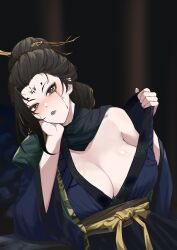 Rule 34 | 1girl, black hair, black lips, black myth: wukong, breasts, cleavage, facial mark, forehead mark, fourth sister (black myth: wukong), hair bun, hand on own cheek, hand on own face, head rest, heart, heart-shaped pupils, highres, hpapo, large breasts, lifting own clothes, looking at viewer, makeup, runny makeup, solo, symbol-shaped pupils