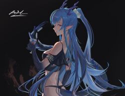 1girl arknights bikini black_background black_bikini blue_hair chinese_commentary colored_extremities commentary_request da_dun_dozedove dragon_girl dragon_horns dragon_tail drink holding holding_drink horns light_smile ling_(arknights) long_hair looking_at_viewer partial_commentary pink_eyes pointy_ears profile signature solo standing swimsuit tail