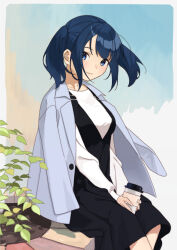 1girl black_dress blue_eyes blue_hair blue_jacket blush border closed_mouth commentary_request cup dress hatsukaze_(kancolle) holding holding_cup jacket jacket_on_shoulders kantai_collection long_sleeves looking_at_viewer mitsuyo_(mituyo324) plant shirt sitting solo souryuu_(kancolle) souryuu_(kure)_(kancolle) twintails white_shirt