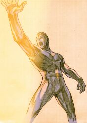 1boy absurdres angry arm_up bengus bodysuit capcom from_below game_cg highres ice iceman_(x-men) male_focus marvel marvel_vs._capcom marvel_vs._capcom_2 muscular muscular_male no_pupils non-web_source official_art open_mouth scan short_hair sidelighting solo x-men