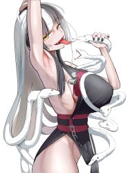 1girl absurdres animal arm_up armpits azami_(blue_archive) bare_arms bare_shoulders bell black_hair black_kimono black_nails blue_archive blunt_bangs breasts chain clothes_lift commentary cowboy_shot fangs fingernails forked_tongue from_side hand_on_own_head hand_up highres holding holding_animal holding_snake japanese_clothes jingle_bell kimono large_breasts lifting_another&#039;s_clothes long_hair long_tongue looking_at_viewer looking_to_the_side mrsc multicolored_hair nail_polish obi open_mouth pelvic_curtain pelvic_curtain_lift ribs sash sideboob sideless_kimono simple_background sleeveless sleeveless_kimono slit_pupils smile snake snake_hair solo split-color_hair tongue tongue_out two-tone_hair very_long_hair white_background white_hair yellow_eyes