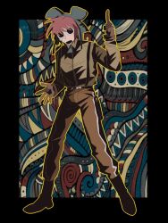 1boy black_eyes boots brown_gloves brown_hair brown_jacket full_body gloves highres index_finger_raised jacket l-zhui looking_at_viewer male_focus mouse_hat present_day_problem_takeuchi_robert randal&#039;s_friends short_hair solo standing suspenders teardrop