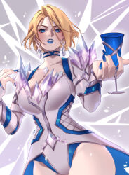 1girl blonde_hair blue_eyes blue_lips blue_nails breasts chalice choker cleavage corset cowboy_shot cup diamond_(gemstone) dress earrings emma_frost highres holding holding_cup jewelry large_breasts light_blush lipstick looking_at_viewer makeup marvel marvel_rivals nail_polish parted_lips rawder short_hair simple_background superhero_costume two-tone_dress white_corset wide_hips x-men