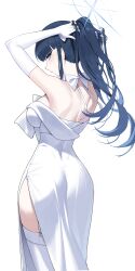 1girl absurdres black_hair blue_archive blue_eyes blue_halo breasts dress elbow_gloves from_behind gloves halo highres long_hair ribbon saori_(blue_archive) saori_(dress)_(blue_archive) sbgu solo thighhighs tying_hair white_dress white_ribbon white_thighhighs
