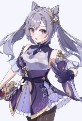 1girl absurdres asymmetrical_sleeves black_gloves black_pantyhose braid cone_hair_bun cowboy_shot double_bun floating_hair flower frilled_skirt frills genshin_impact gloves hair_bun hair_flower hair_ornament highres keqing_(genshin_impact) long_hair miniskirt ninji665102 open_mouth pantyhose pleated_skirt purple_hair purple_skirt red_eyes simple_background skirt solo standing twintails white_background white_flower