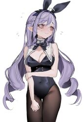 1girl @_@ alternate_costume animal_ears bebe_(bebe_pp) black_leotard blush covered_navel fake_animal_ears highres leotard mole mole_under_eye playboy_bunny rabbit_ears simple_background solo vivian_banshee white_background zenless_zone_zero