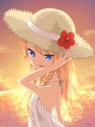 1girl alternate_costume blonde_hair blue_eyes blush braid chanpuru_(nicoseiga_67544477) commentary_request cookie_(touhou) dress flower hat hat_flower hibiscus kirisame_marisa long_hair looking_at_viewer looking_to_the_side open_mouth orange_sky outdoors red_flower side_braid single_braid sky smile solo straw_hat sun_hat sundress sunset suzu_(cookie) touhou unusually_open_eyes upper_body white_dress