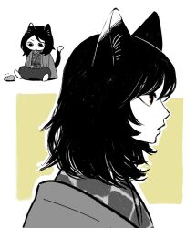 1girl animal animal_ears cat_day cat_ears cat_girl cat_tail chibi commentary dungeon_meshi flying_sweatdrops frs2 haori highres izutsumi japanese_clothes kimono korean_commentary looking_at_animal looking_at_viewer looking_away looking_down monochrome mouse_(animal) multiple_girls multiple_views outline pants portrait profile short_hair sitting spot_color tail yellow_background yellow_eyes