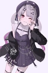 Rule 34 | :3, ahoge, black jacket, black nails, breasts, dress, eyeshadow, grey hair, half-heart hands, hat, highres, jacket, jewelry, kyouhanemasu, light blush, long hair, looking at viewer, makeup, nijisanji, nijisanji en, one eye closed, purple eyes, reimu endou (5th costume), ring, simple background, single off shoulder, small breasts, thigh strap, twintails, virtual youtuber