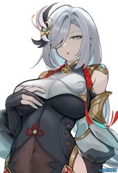 1girl absurdres aqua_eyes aqua_nails black_gloves bodystocking braid braided_ponytail breasts chinese_commentary commentary_request covered_navel eyeliner from_below gem genshin_impact gloves gold_trim grey_hair guhuabingwu hair_between_eyes hair_intakes hair_ornament hand_on_own_chest highres large_breasts long_hair looking_at_viewer low_ponytail makeup open_mouth partially_fingerless_gloves ponytail red_eyeliner red_gemstone shenhe_(genshin_impact) side_slit sidelocks skin_tight solo tassel very_long_hair white_background