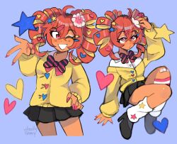1girl ahoge artist_name bandaid bandaid_on_knee bandaid_on_leg black_shoes black_skirt bow bowtie collared_shirt cropped_legs drill_hair gyaru gyaru_v hair_ornament hair_ribbon hand_on_own_hip heart heart_hair_ornament highres kasane_teto magical_miracle_metagalphose_(synthv) mitsuko_tan multiple_views off-shoulder_sweater off_shoulder one_eye_closed open_mouth pink_eyes pink_nails purple_background red_hair ribbon shirt shoes skirt smile socks star_(symbol) star_hair_ornament striped_bow striped_bowtie striped_clothes sweater twin_drills utau v white_shirt white_socks yellow_ribbon yellow_sweater