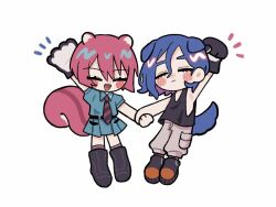 1boy 1girl amate_yuzuriha animal_ears aqua_eyes blue_hair blush borrowed_clothes closed_eyes collared_shirt commentary_request deformed dog_boy dog_ears dog_tail full_body gloves gundam gundam_gquuuuuux holding_hands iriko_(ooo_uo9) kemonomimi_mode necktie open_mouth pants red_hair school_uniform shirt short_hair shuji_ito simple_background single_glove skirt sleeveless smile squirrel_ears squirrel_girl squirrel_tail standing tail tank_top white_background