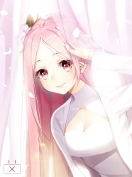 1girl absurdres arm_up blurry blurry_background blush breasts cleavage cleavage_cutout closed_mouth clothing_cutout commentary_request curtains depth_of_field dress female_focus flower forehead hair_flower hair_ornament highres leaning_forward long_sleeves medium_breasts original parted_bangs petals pink_hair red_eyes smile solo the_cold transparent white_dress white_flower