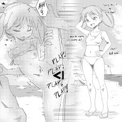 1boy 1girl absurdres arm_up armpits azumanga_daiou beach bikini black_hair blush breasts bright_pupils cliff english_text flip-flops full_body greyscale hair_between_eyes hand_on_own_hip hetero highres instant_loss leg_up loli mihama_chiyo monochrome multiple_views nose_blush plap plap sandals screentones sex small_breasts split standing standing_on_one_leg standing_sex standing_split swimsuit twintails zlix0n
