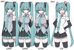 Rule 34 | 4girls, :d, absurdres, alternate breast size, aqua eyes, aqua hair, aqua necktie, arm tattoo, arm up, armpits, bad id, bare shoulders, black thighhighs, breast expansion, breast reduction, breasts, bust chart, channel (caststation), closed eyes, collarbone, commentary, comparison, cowboy shot, cropped legs, detached sleeves, duplicate, feet out of frame, frown, grabbing own breast, grey shirt, hands up, hatsune miku, hatsune miku (vocaloid4), hatsune miku breast size comparsion (meme), headset, highres, impossible clothes, impossible shirt, index finger raised, large breasts, long hair, looking at breasts, looking at viewer, medium breasts, meme, miniskirt, multiple girls, multiple persona, necktie, number tattoo, open mouth, pixel-perfect duplicate, pleated skirt, progression, shirt, simple background, skirt, sleeveless, sleeveless shirt, small breasts, small sweatdrop, smile, staring, sweat, sweatdrop, tattoo, thighhighs, twintails, two-tone skirt, v, v4x, very long hair, vocaloid, white background, white shirt, worried, zettai ryouiki