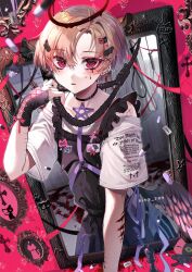 1boy absurdres aegyo_sal androgynous apron black_wings bleeding blonde_hair blood choker commentary_request cross cross-laced_armwear eita_789 emisako_(eita_789) eyeshadow eyeshadow_under_eye hair_ornament hexagram highres latin_cross maid_apron makeup male_focus noose original pentagram picture_frame pill red_eyes rope_around_neck self-harm shirt short_sleeves single_wing star_of_david t-shirt through_medium through_painting trap wings yami_kawaii