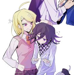 Rule 34 | 1boy, 1girl, ahoge, akamatsu kaede, anger vein, blonde hair, buttons, caught, checkered clothes, checkered scarf, chinese commentary, collared shirt, commentary request, danganronpa (series), danganronpa v3: killing harmony, eyelashes, flipped hair, fortissimo, hair between eyes, hair ornament, highres, long hair, long sleeves, musical note, musical note hair ornament, musical note print, necktie, oma kokichi, open mouth, orange necktie, pants, pink sweater vest, pink vest, pleated skirt, pout, purple eyes, purple hair, scarf, scruffed, shirt, simple background, skirt, sweatdrop, sweater vest, two-tone scarf, ulysseka, upper body, vest, white background, white shirt