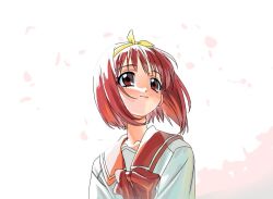 1girl kamigishi_akari looking_up red_eyes red_hair school_uniform serafuku short_hair smile solo to_heart to_heart_(series) upper_body yoko.u