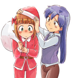 2girls amami_haruka belt blue_hair blue_vest blush bow brown_belt brown_eyes brown_hair closed_mouth collared_shirt cowboy_shot green_eyes hair_bow hands_on_another&#039;s_head hat idolmaster idolmaster_(classic) kisaragi_chihaya long_hair long_sleeves looking_at_another looking_down multiple_girls pants red_bow red_pants red_shirt santa_costume santa_hat shirt short_hair simple_background smile standing tsubobot vest white_background white_bag