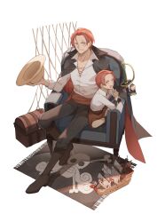 2boys benn_beckman black_pants coat coat_on_shoulders dual_persona facial_hair from_above hat highres holding holding_unworn_clothes holding_unworn_hat jolly_roger male_focus miniature model_ship multiple_boys net one_piece pants parted_bangs red_eyes red_hair red_sash sash scar scar_across_eye scar_on_face shanks_(one_piece) sheath sheathed shirt short_hair sitting sleeves_rolled_up smile sss_maro straw_hat sword treasure_chest unworn_hat unworn_headwear weapon white_background white_shirt
